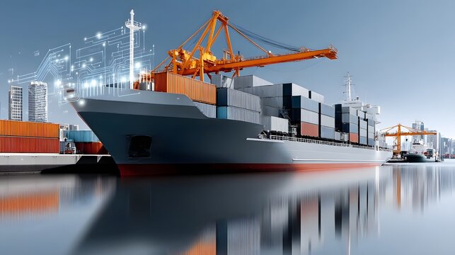 Container ship at port with digital data visualization