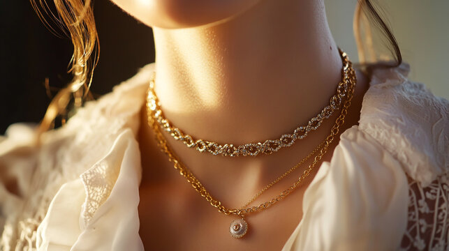 Female collarbone with layered gold jewelry, elegant close-up of necklace fashion