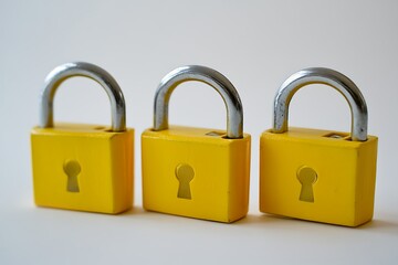 Naklejka premium Three Yellow Padlocks Aligned on White Surface, Security Concept