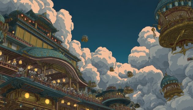Citt&agrave; fluttuante tra le nuvole, architettura fantastica