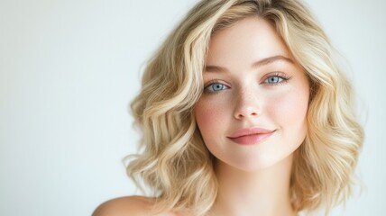 Fototapeta premium Young Caucasian woman look wavy blond hair and blue eyes. She has a natural makeup with and a gentle smile. The background is neutral and soft.