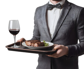 A waiter serving a steak and wine, offering a fine dining experience in a restaurant setting.