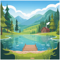 Naklejka premium natural scenery photo image tree river sky hill flower cloud home.eps