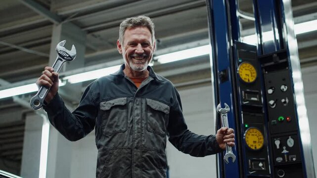 Experienced mechanic smiling while holding wrenches in workshop  