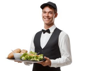 A friendly waiter smiles while carrying a tray of food, ready to serve at a restaurant.