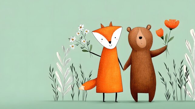 Cute fox and bear waving goodbye with flowers