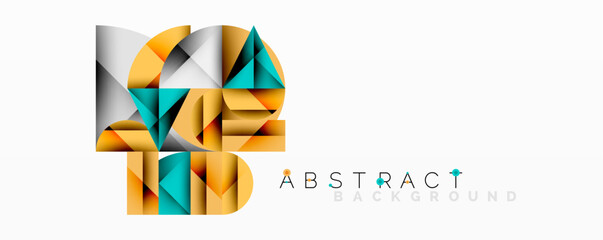 Geometric shapes overlap, creating dynamic abstract composition. Gold, teal, gray hues dominate design. Minimalist style.