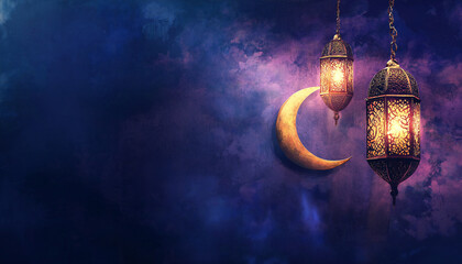 Watercolor Islamic banner with golden crescent, glowing lanterns, and pastel Arabic calligraphy over a blue-purple gradient. Soft lighting, festive mood, high-res, digital and print-ready.