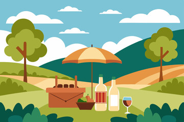midday picnic in a vineyard with parasols  wine 