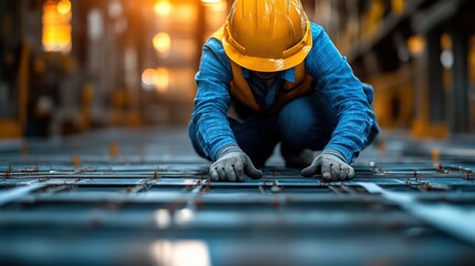 Construction worker performing tasks in industrial setting under warm lighting