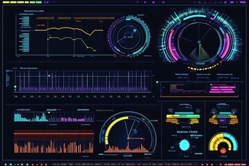Futuristic Data Interface: Glowing Charts and Circular Graphics on Dark Background