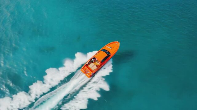 Drone shot a speedboat orange color is sailing in the ocean , 4K video.