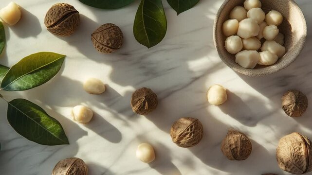 A bowl of nuts and a leafy green plant sit on a marble countertop. The nuts are scattered around the plant, with some of them being larger and others smaller. Concept of abundance and natural beauty
