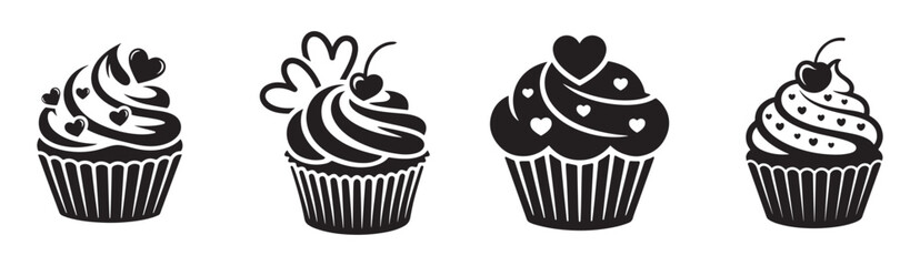 vector illustration of a cupcake set of black and white symbols