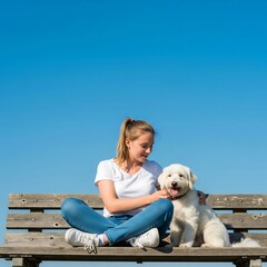Young Woman Sitting on Bench with Fluffy White Dog Under Clear Blue Sky – Happy Pet Owner Bonding Outdoors in Sunny Weather

