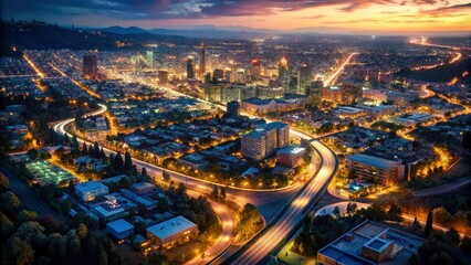 Fototapeta premium Folsom California Aerial Night Photography, Low Light Neighborhood Flyover, Drone Photography, Night Cityscape