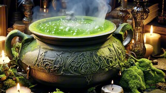 witch&rsquo;s potion room with green bubbling cauldrons, shelves of spell books, potion bottles