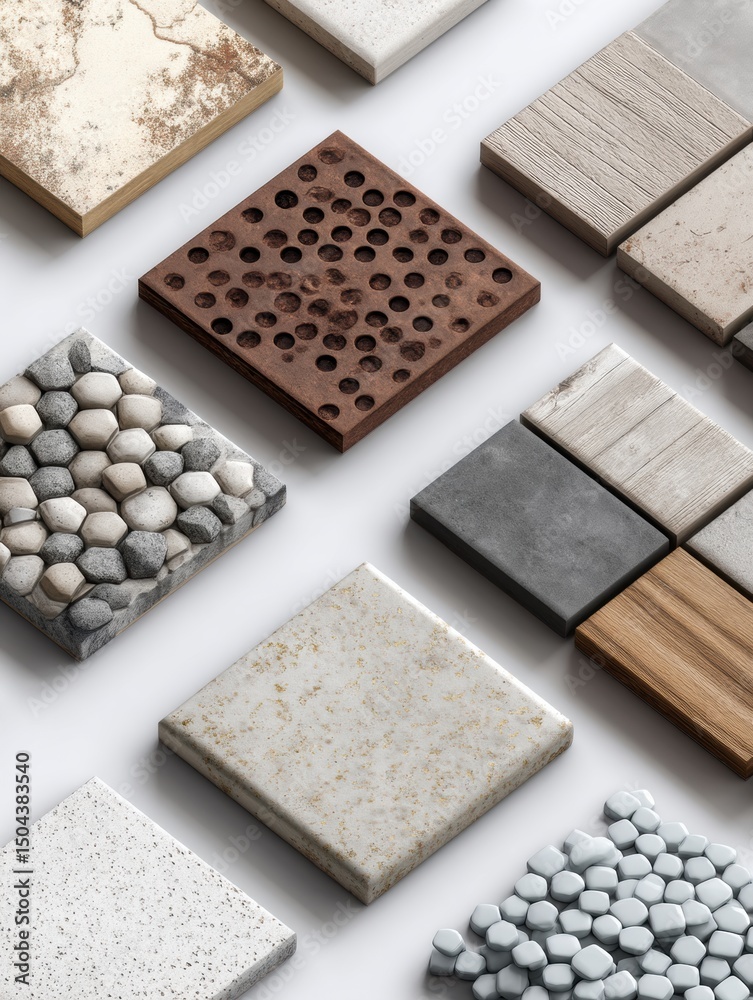 Aufkleber sample tiles showcased for an online building materials shop banner featuring various textures and c