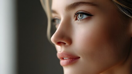 Fototapeta premium Soft, cinematic beauty portrait of a female model with natural makeup