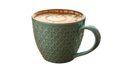 Coffee latte art in a blue patterned mug isolated on transparent background