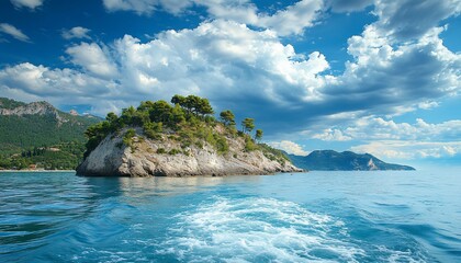 Fototapeta premium Coastal serenity: An islet topped with lush greenery amid azure waters