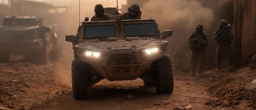 Military operation in war-torn area amidst ruins