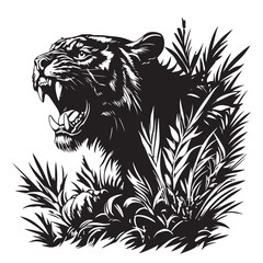 Fierce black tiger roaring amidst bushes vector image