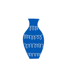 Blue Vase Symbol. Simple Pot Jar Bottle Contour Icon Element. Doodle Hand Drawn Pottery Craft Sign. Antique Old Water, Wine< Oil Container Art. 