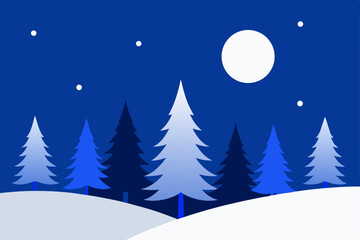 snow covered pine forest under a full moon  crisp  