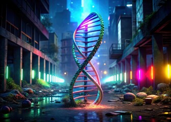 Glowing DNA Helix Urban Exploration Photography: Colorful Chromosomes, Genes, Blurred Cityscape