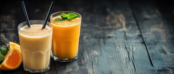 Delicious smoothies served on a wooden table