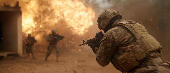 Fototapeta premium Military operation amidst destroyed building and explosion