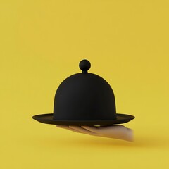 Fototapeta premium 3D render of a hand holding a cloche with a tray on a yellow background, minimal design, black color palette, simple shapes, and a minimal composition. 