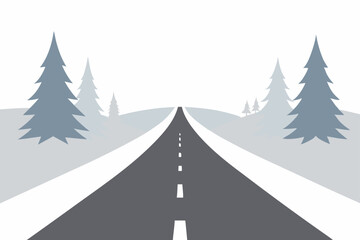 snowy road stretching into fog with trees fading 