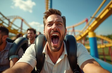 Obraz premium Man screams riding roller coaster with open mouth. People on amusement park attraction experience fun fear and excitement. Summer leisure activity at the fair. Sunny day at the park.