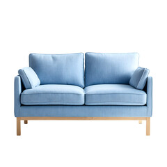 Fototapeta premium A simple sky blue linen side sofa with minimalist arms and natural wood legs, isolated on a white background.