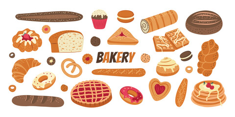A hand-drawn set of bakery products. Fresh pastries, pies, biscuits, bread. Vector flat illustration on a white background.