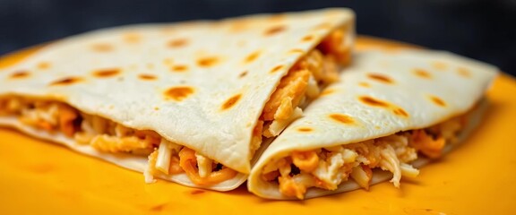 Simple quesadilla with shredded chicken and cheese, folded in half,  dinner,  savory