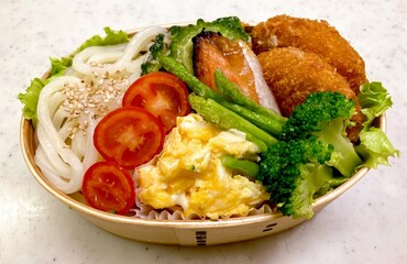 A colorful dosirak lunchbox filled with neatly arranged rice, savory protein, and assorted side dishes. A portable feast that captures the essence of authentic Korean home-style cooking.