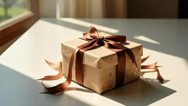 Elegant Gift Box with Brown Ribbon sits on a Table bathed in Sunlight near a Window offering a peaceful and serene atmosphere perfect for gifting occasions.