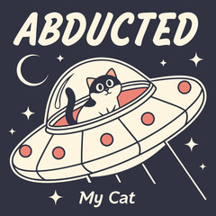 Abducted My Cat Retro UFO T Shirt Design with Fluffy Calico Cat in Flying Saucer
