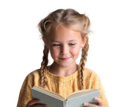 A smiling little girl with blonde braids is absorbed in reading a book with a cheerful expression.