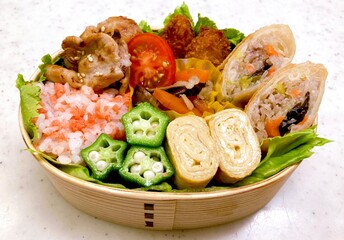 A colorful dosirak lunchbox filled with neatly arranged rice, savory protein, and assorted side dishes. A portable feast that captures the essence of authentic Korean home-style cooking.