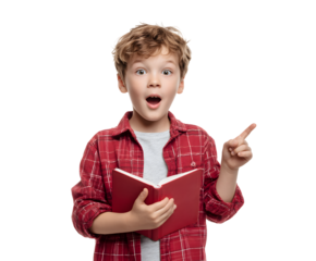 A boy with an open book looks surprised and points to something interesting he's reading about.