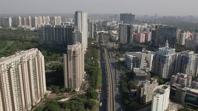 Drone Shot of DLF Golf Course Road Gurgaon &ndash; Aerial View of Luxury High-Rises, Modern Infrastructure, Green Spaces, and Premium Real Estate in Gurugram, India
