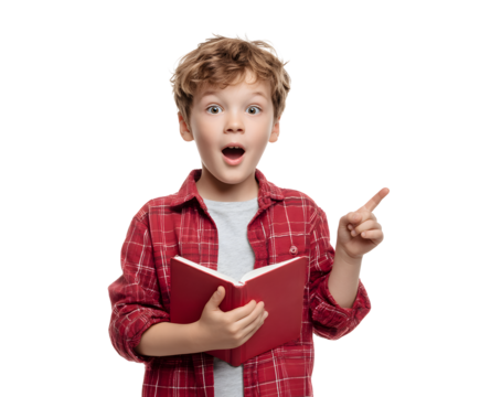 A boy with an open book looks surprised and points to something interesting he's reading about.