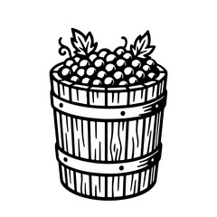 Sketch of a wooden barrel with grapes. Winemaking in hand drawing style. Vector illustration isolated background