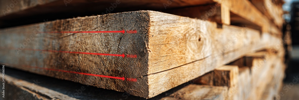 Poster close-up view of wooden beams featuring measurement lines on a construction site with clean margins 