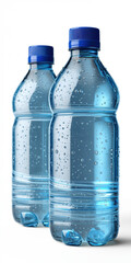 Two bottles of water with blue caps. The water is clear and has a lot of droplets on the outside