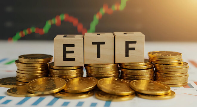 Portrait of wooden blocks spelling "ETF" on stacks of gold coins with stock market chart background